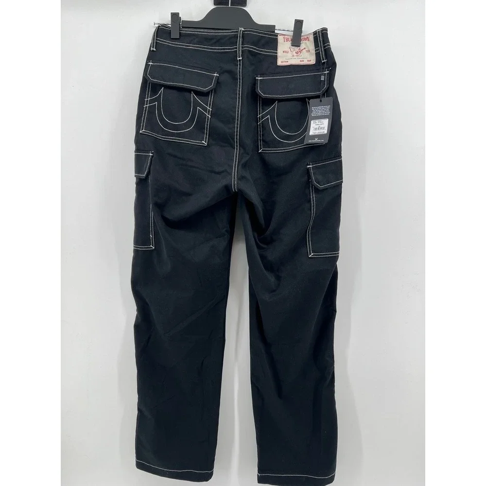 True Religion Mens Jet Black Contrast Stitch Cargo Pants 108335 Size 32 NWT